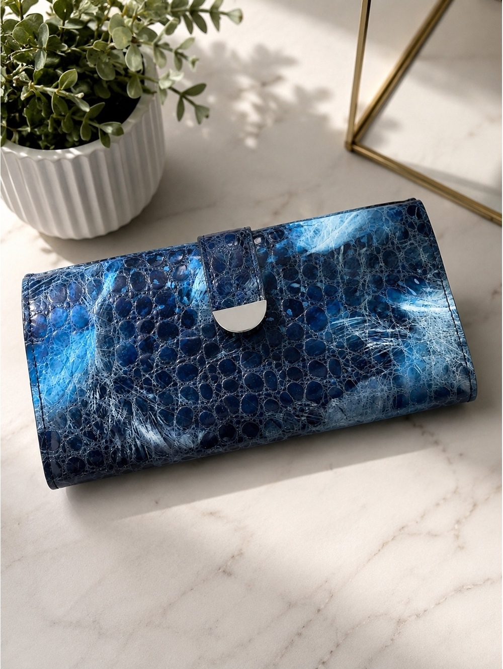 Blue Croc Embossed Faux Leather Large Organizer Wallet